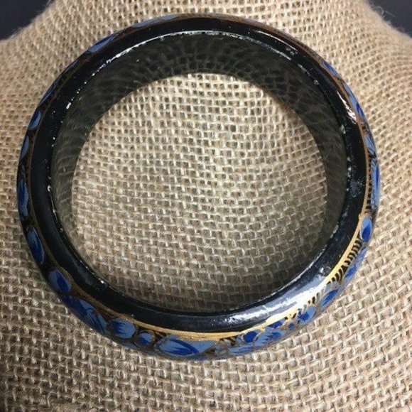 Bangle Bracelet Black Blue Gold As Is Flower Hand Painted Retro BoHo Soft Girl - Picture 4 of 5